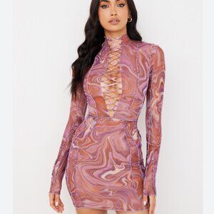 NWT House of CB Dylan purple printed mesh lace up mini dress Medium